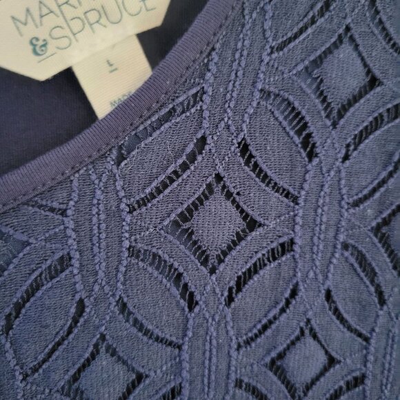 Market & Spruce Sz Large Blue Crochet Lace Lined Back Zip Short Sleeve Blouse - Picture 3 of 8